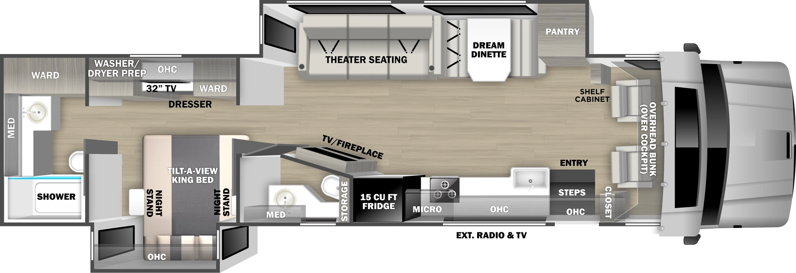 The Europa S 37CA floorplan has one entry and two slide outs. Exterior features include: 18' awning and outside entertainment. Interiors features include: rear bathroom, bathroom and a half, bunk over cab and dinette.
